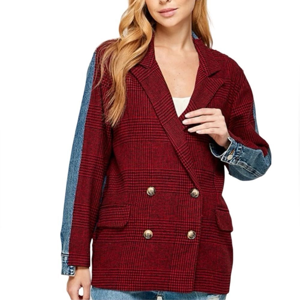 SIGNATURE8 TWEED & Denim JACKET Red & Black Plaid Size Small Oversized Fit